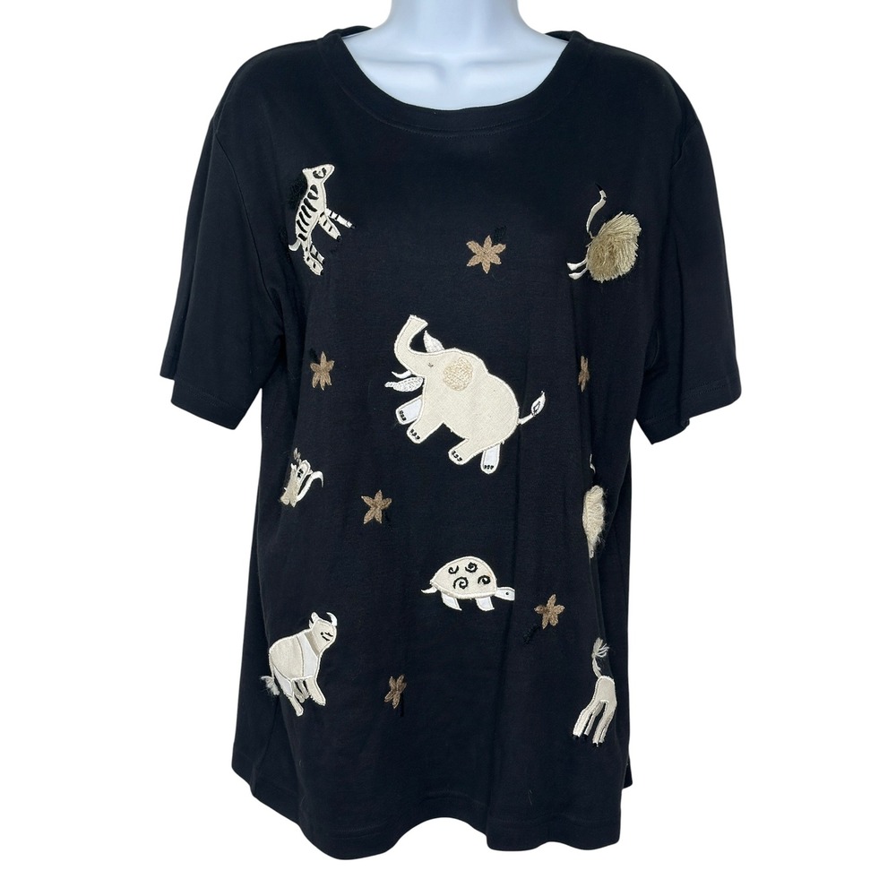 Maurada Embroidered Anima T-Shirt Medium Black Cotton Whimsical Tee Safari Shirt